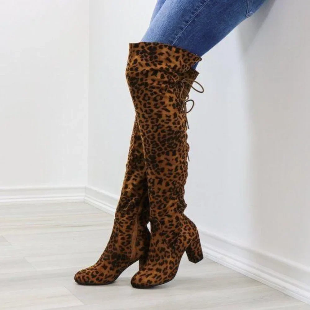 Suede Leopard Thigh High Heeled Boots Back Laces - Picture 10 of 15